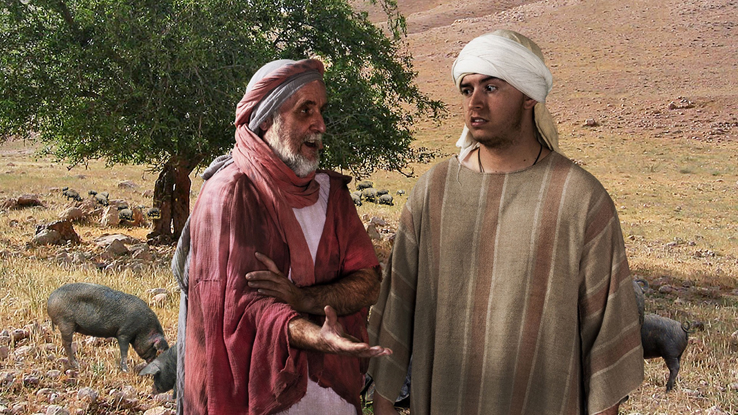 Bill Rouse (left) in the role of the pig herder in the parable of the Prodigal son